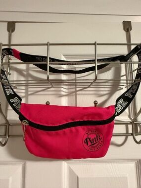 PINK Victoria's Secret Hot Pink Logo Belt Bag with Black Strap